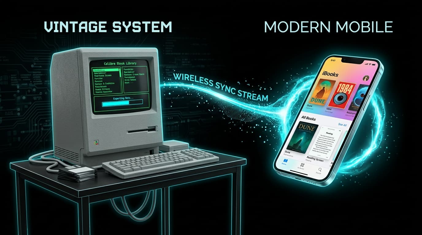 Desktop computer running Calibre contrasted with modern iOS mobile reading tools
