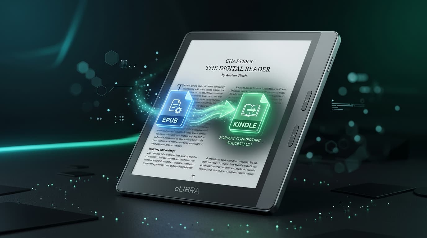 Amazon Kindle displaying an open ebook with glowing EPUB conversion graphic