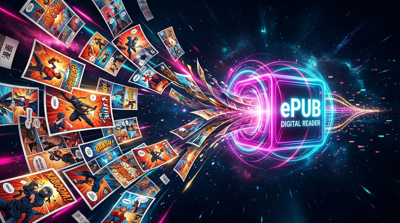 Vibrant comic book and manga pages being compressed into a compact EPUB archive