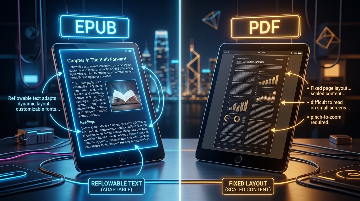 Visual comparison of responsive reflowable EPUB versus fixed-layout PDF on tablets