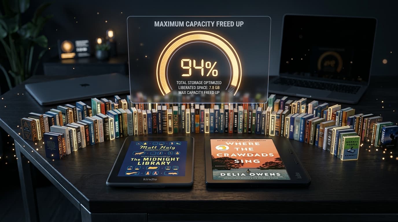 Kindle and Kobo e-readers side-by-side with storage capacity gauge and book collection