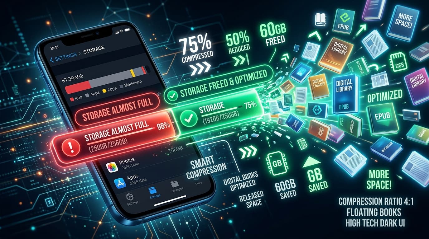 iPhone Storage Full notification resolving into freed gigabytes from compressed ebooks