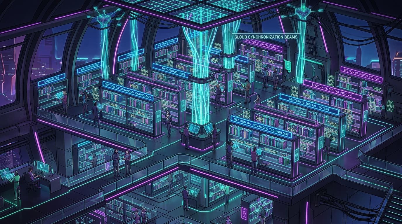 Futuristic digital library room with organized illuminated shelves and cloud sync