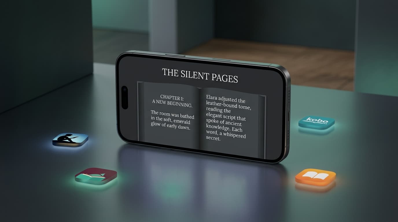iPhone showing an EPUB reader app with open book and floating reader app icons